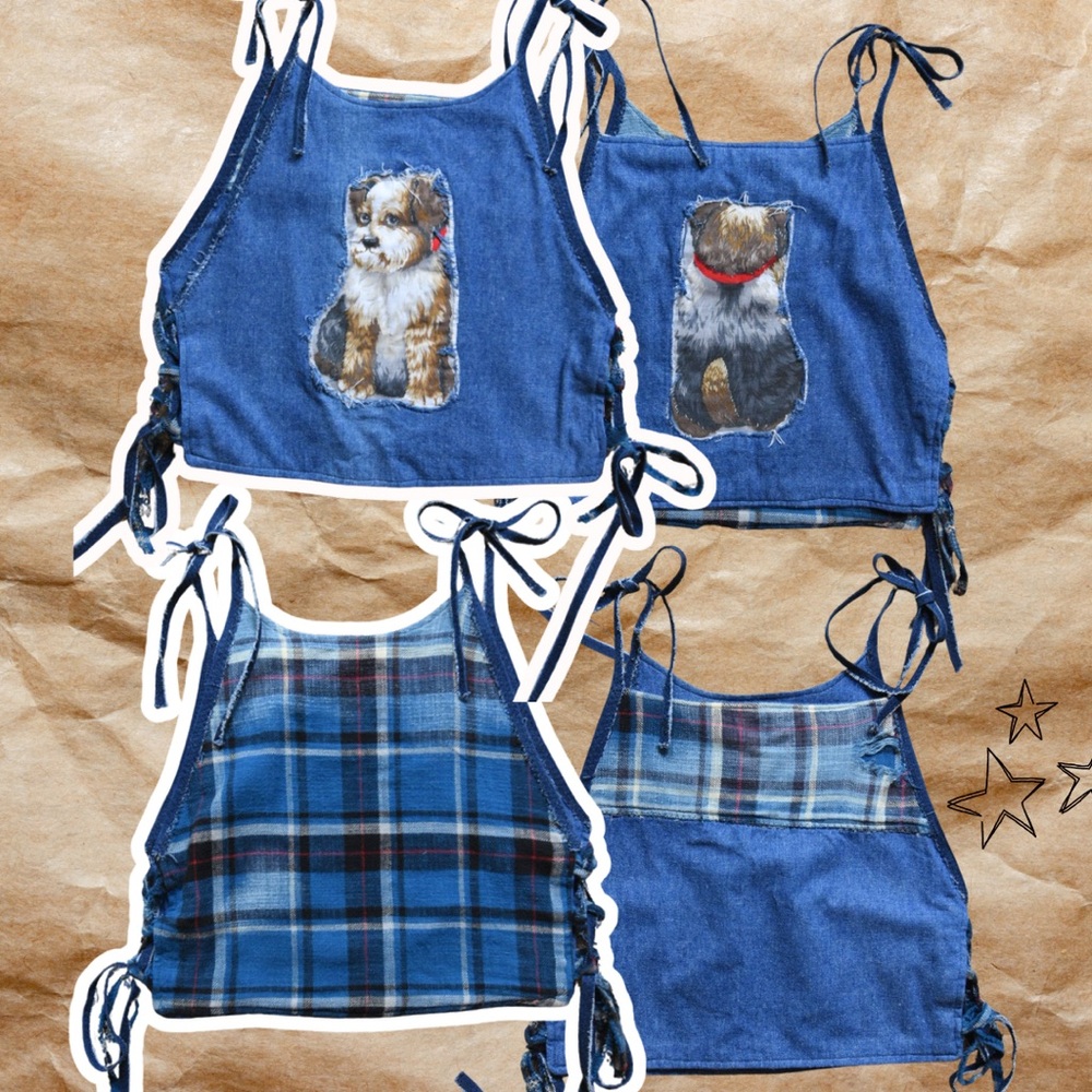 Denim and Plaid Dog Print Crop Tops